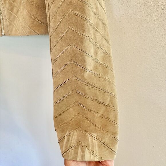 BEBE TAN SUEDE Textured LEATHER ZIP Bomber‎ JACKET COAT SIZE Medium - Picture 5 of 16